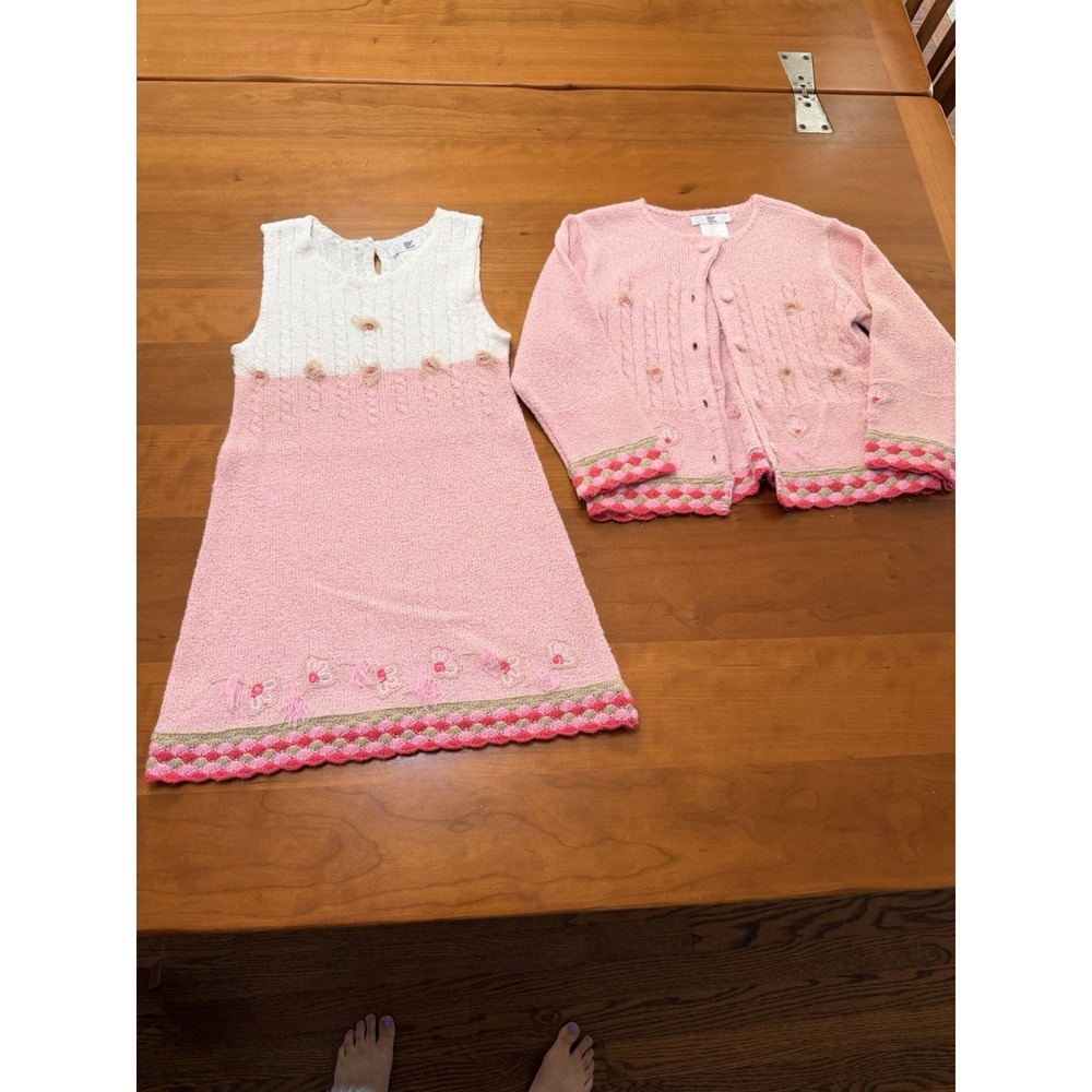 Deux par Deux Girls Pink/White Knit Embroidered Dress & Cardigan Set Sz 5